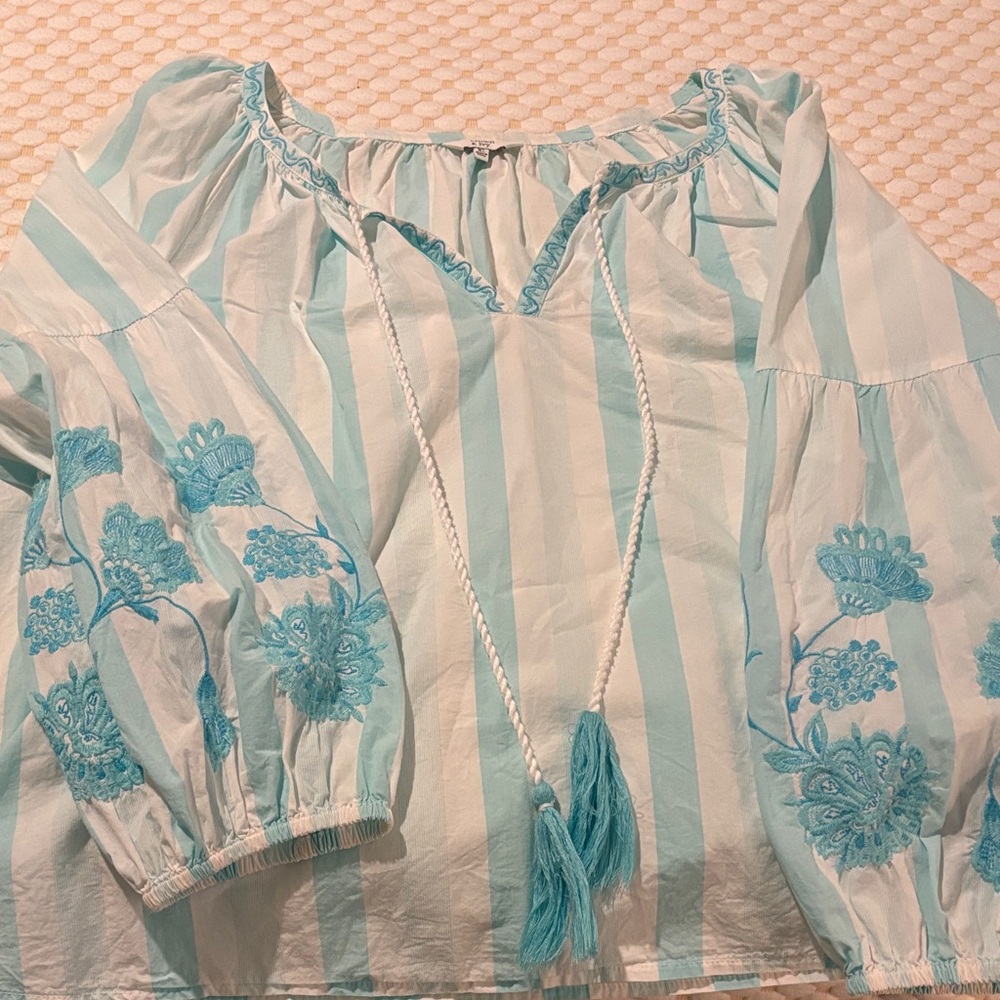 Crown & Ivy Aqua Striped Embroidered Blouse